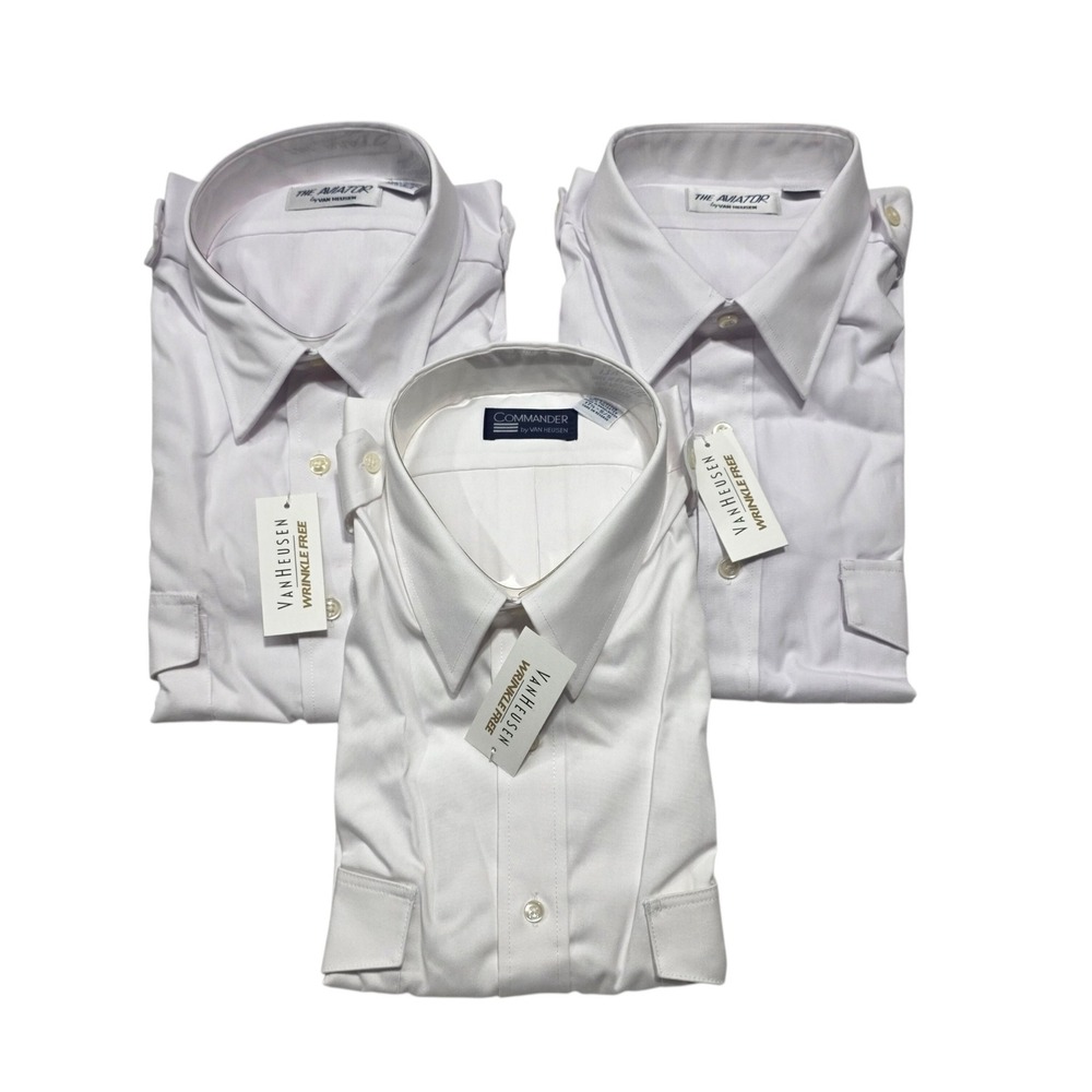 Van Heusen Pilot Shirt Mens 17.5 White Aviator Commander Uniform Epaulets Lot 3